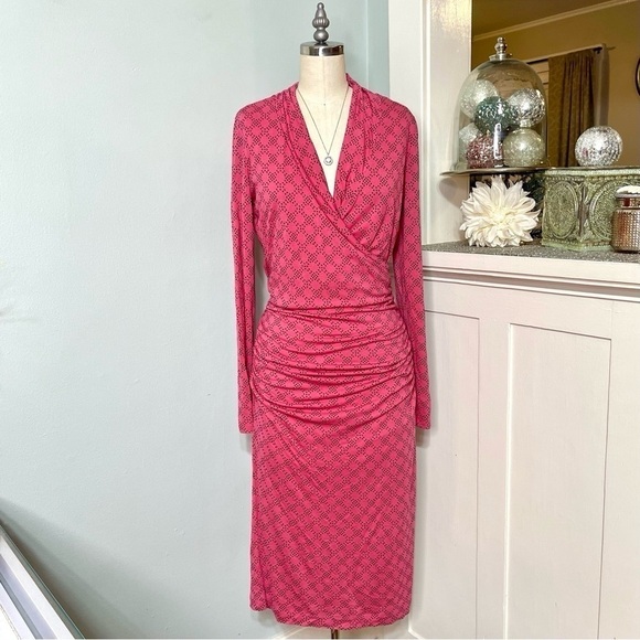 Boden Pink V Neck Ruched Wrap Dress Midi Length Wool Blend Size US 6 Long - Picture 3 of 11